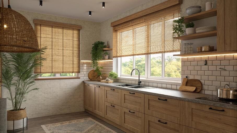 Rustic kitchen with natural woven wood blinds and green outdoor view.