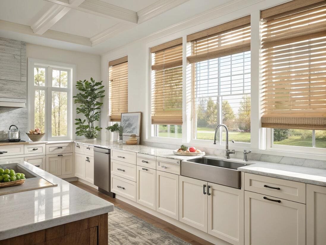 Bright farmhouse kitchen with durable, moisture-resistant wood blinds adding natural texture and charm.