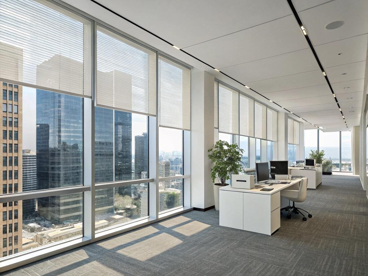Modern commercial office with sleek venetian blinds for precise light control and privacy.