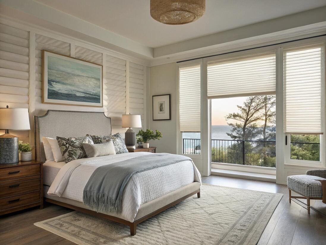Coastal bedroom retreat featuring top-down cellular shades for versatile light and ocean views.