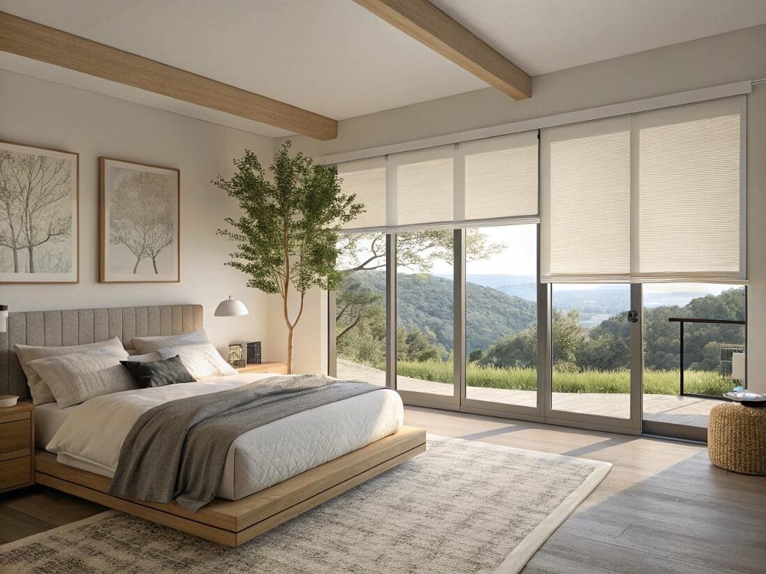 Peaceful bedroom with top-down cellular shades offering privacy and beautiful valley views.