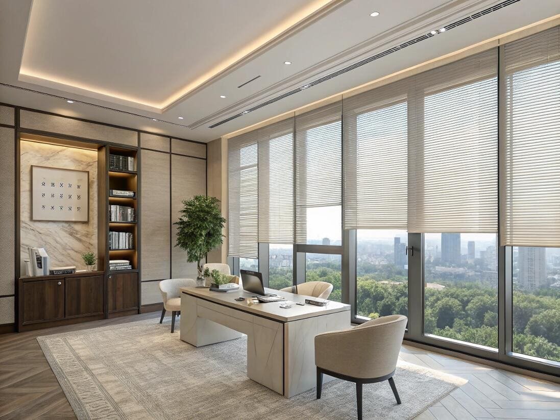 Executive office featuring premium cellular shades for optimal light control and city views.