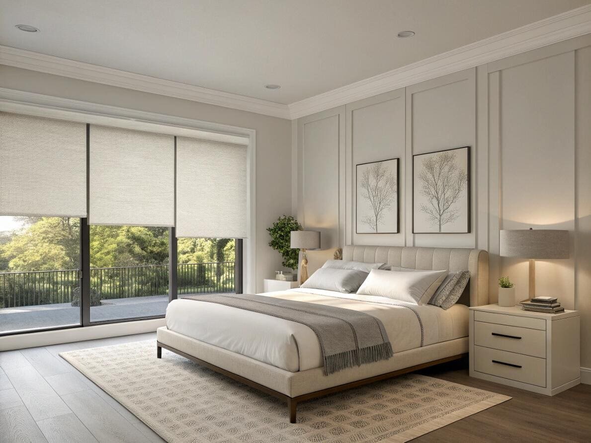 Serene modern bedroom featuring dual roller shades for layered light control and privacy.