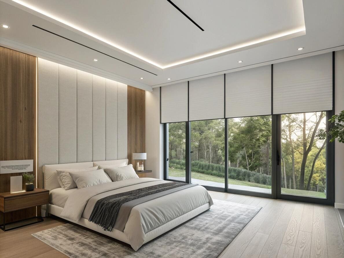 Modern minimalist bedroom with automated cellular shades providing privacy and light control.