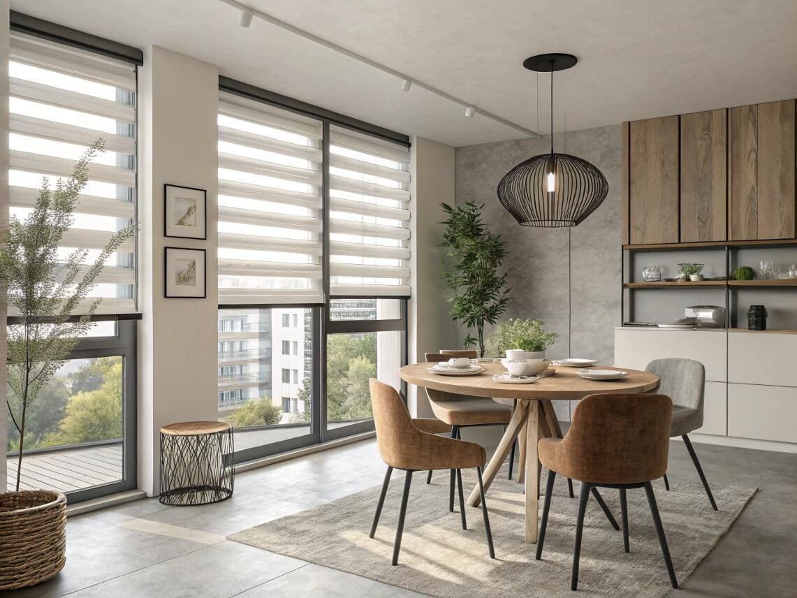 Modern dining area with sleek furniture and elegant striped zebra blinds on large windows.