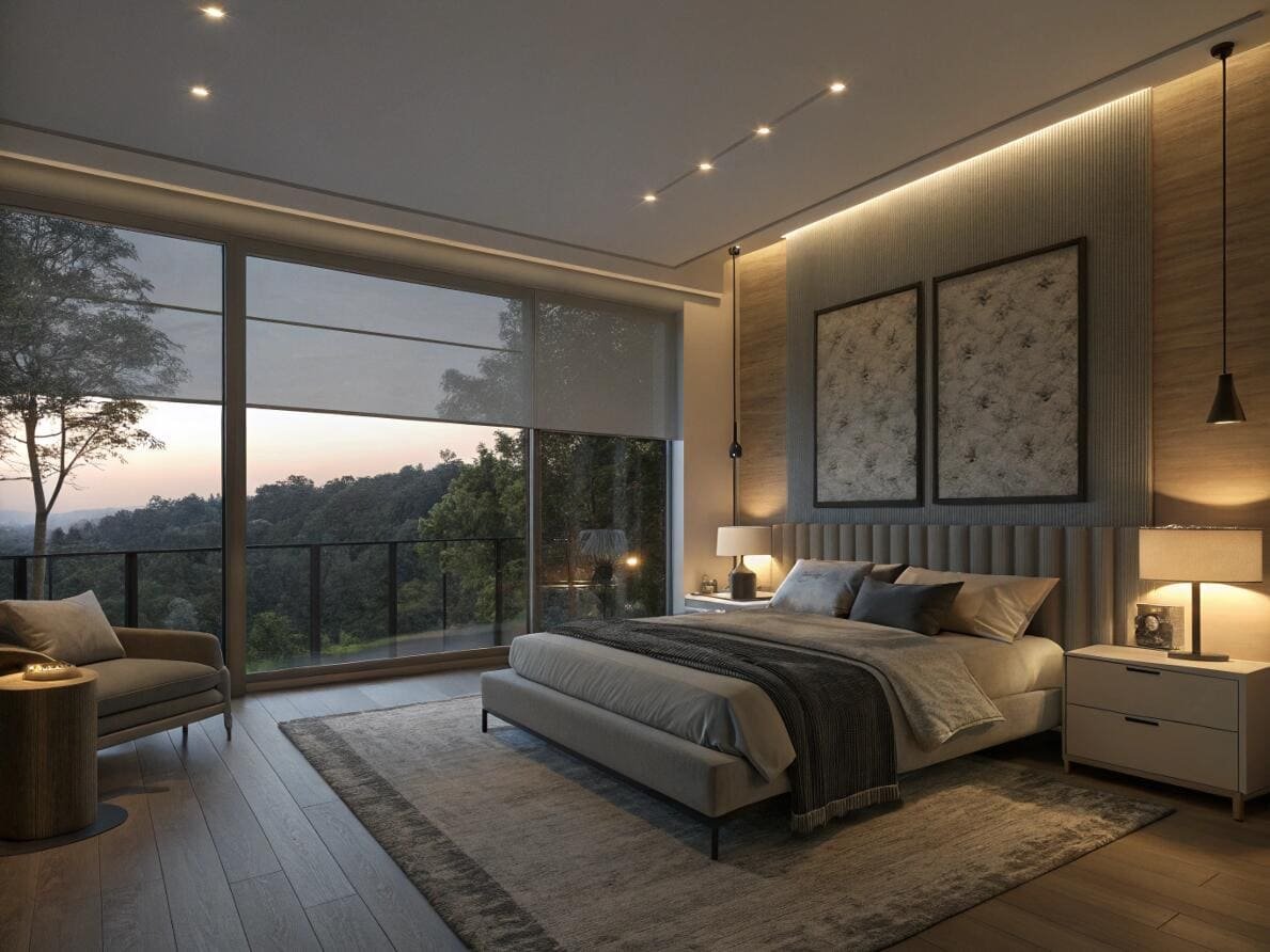 Modern smart bedroom with a blackout roller shade for evening ambiance and privacy.