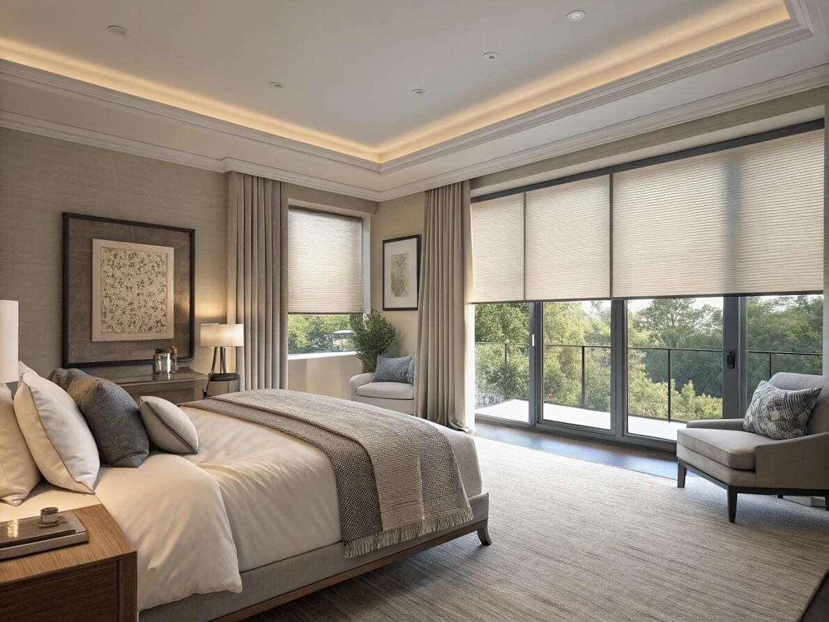 Elegant bedroom featuring light-filtering cellular shades layered with curtains for privacy.