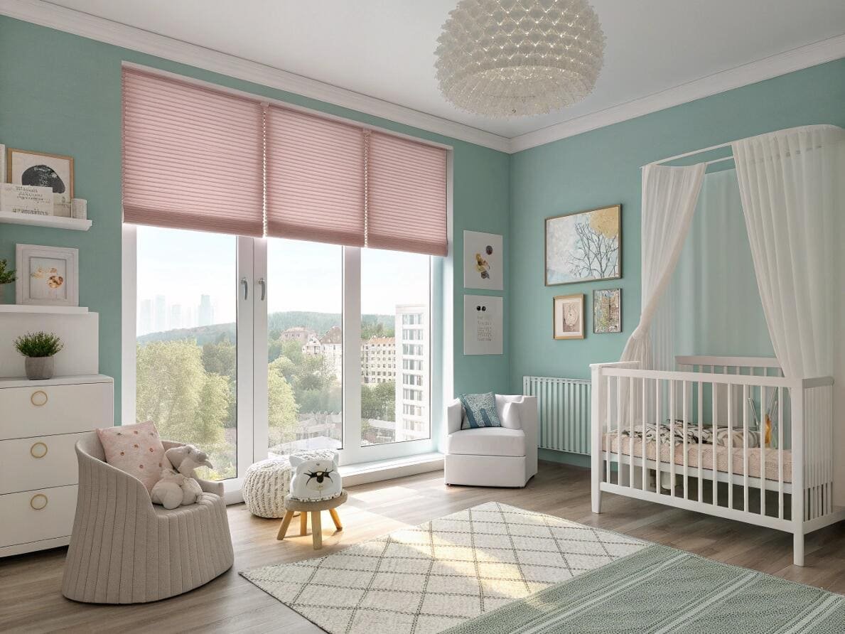 Serene nursery featuring pink cordless cellular shades for child safety and gentle light.