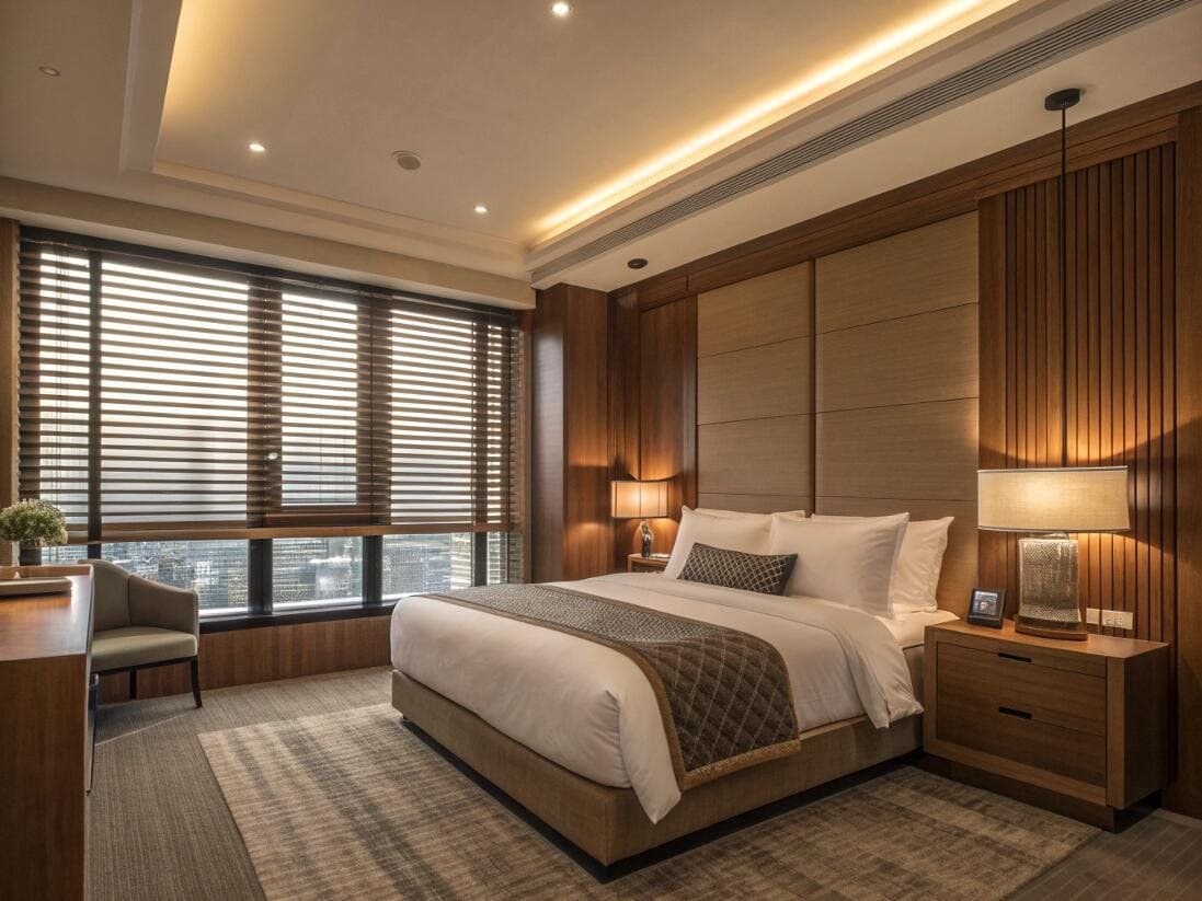 Luxury hotel suite featuring dark wooden venetian blinds for superior light control.