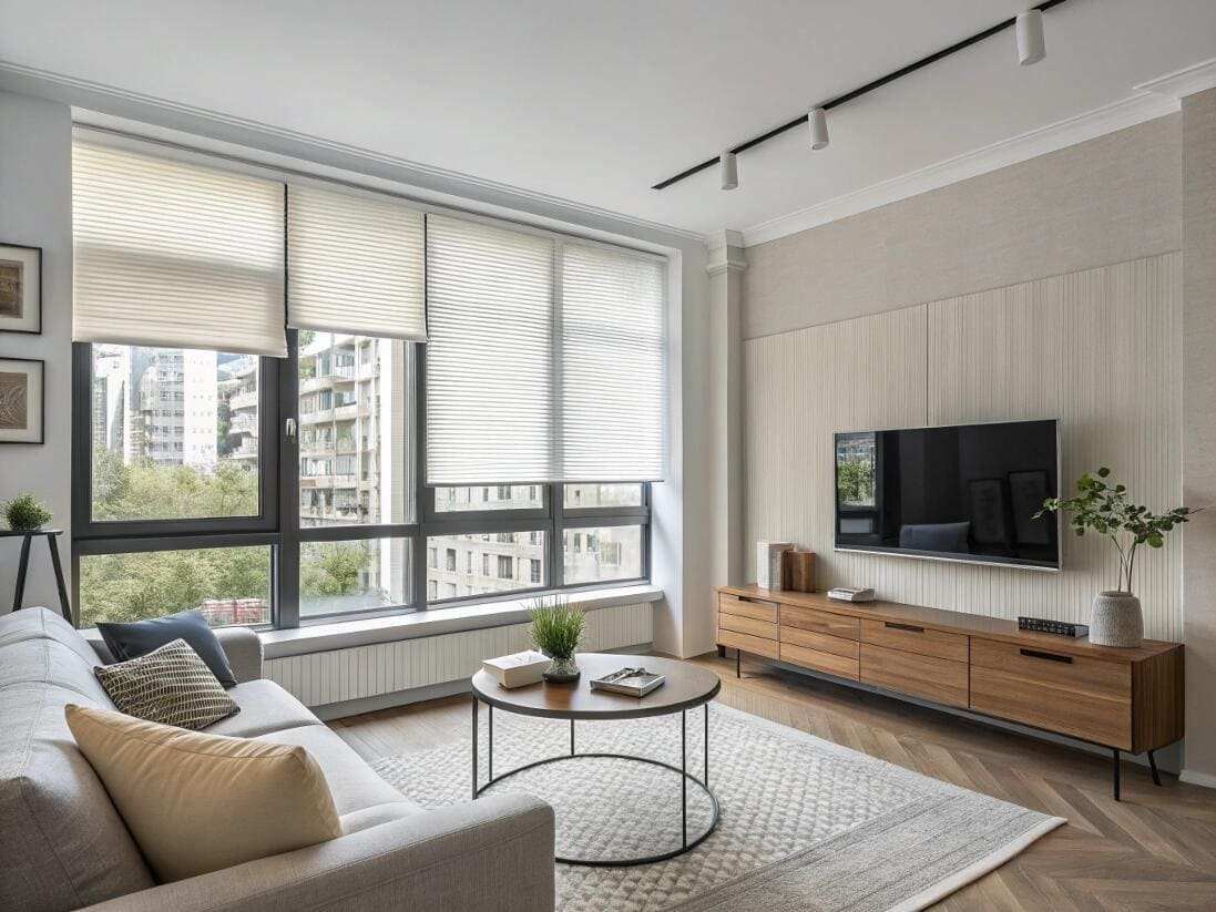 Modern living room with top-down bottom-up cellular shades for versatile light control.