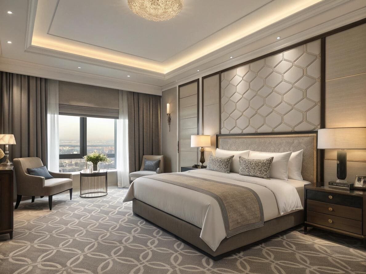 Luxurious hotel room with premium blackout Roman shades and drapes for superior comfort.
