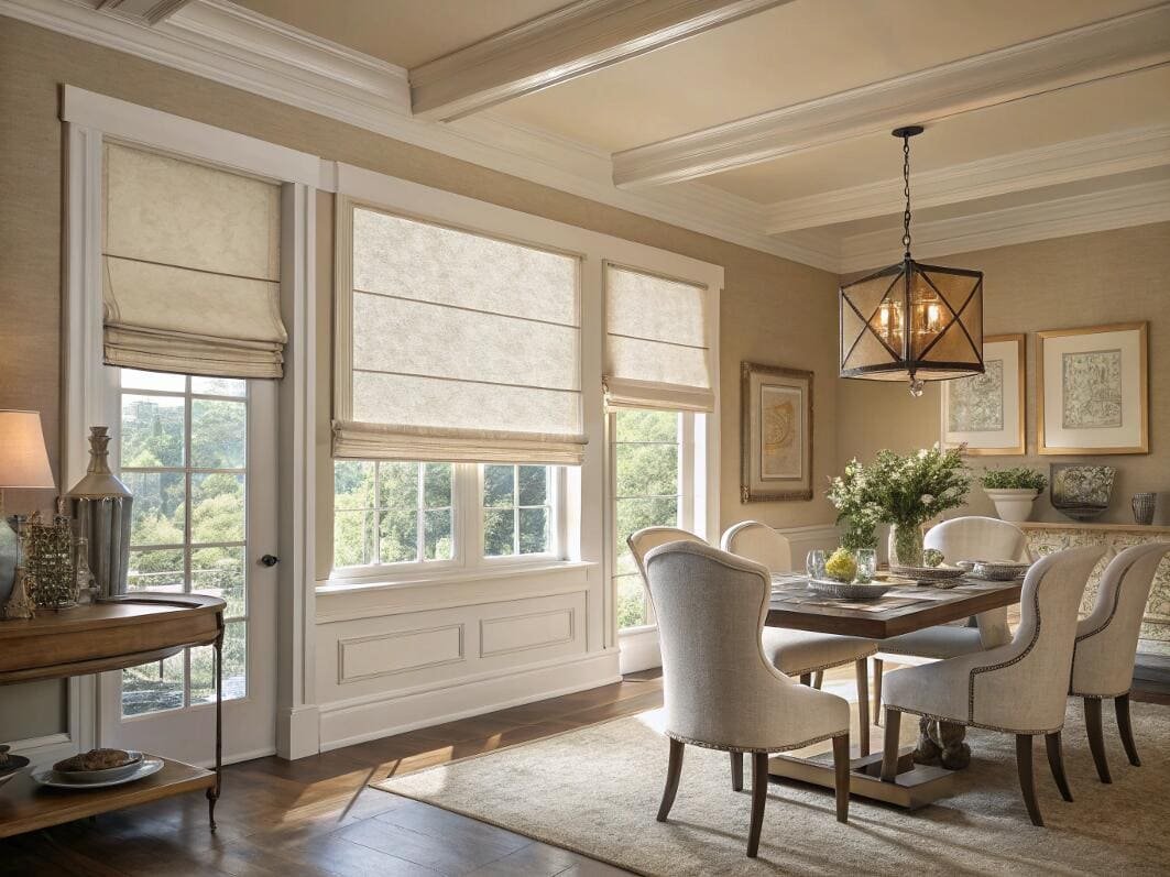 Formal dining room with light Roman shades on large windows.