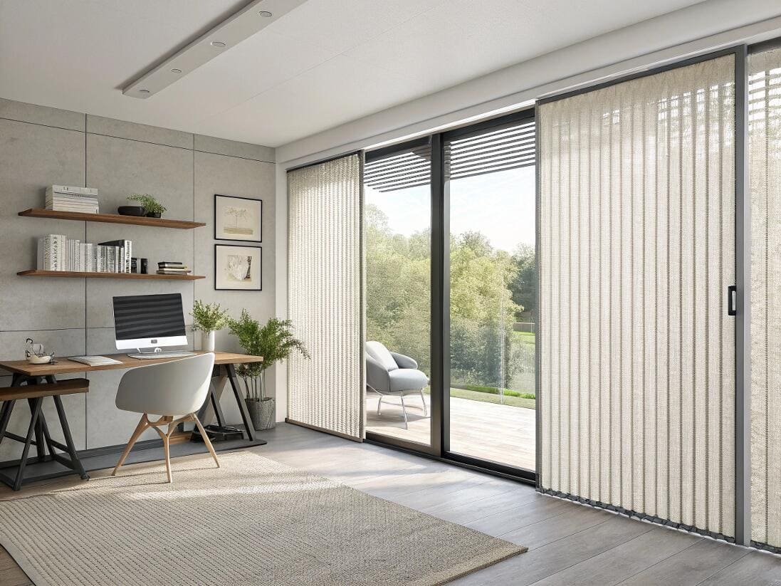 Modern home office with elegant vertical blinds providing privacy for sliding patio doors.