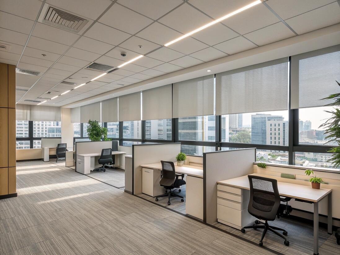 Commercial solar roller shades providing effective glare control in a modern open office.