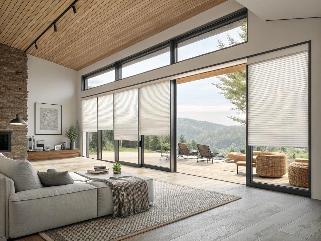 Modern living room with light-filtering cellular shades for large sliding patio doors.
