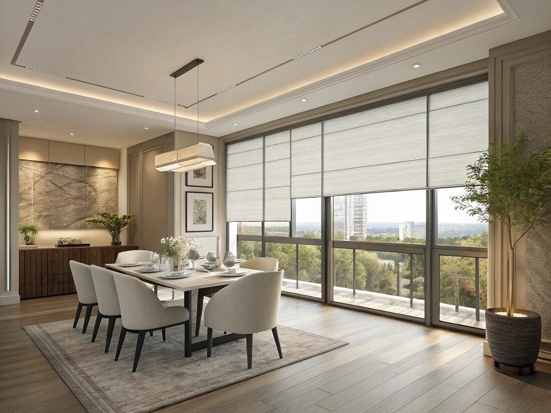 Elegant, light-filtering roman shades create a sophisticated atmosphere in a modern dining room.