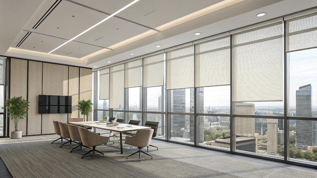 Motorized solar shades provide light and glare control in a modern boardroom.