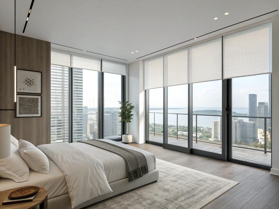 Minimalist cellular shades offer light control in a modern bedroom with city views.