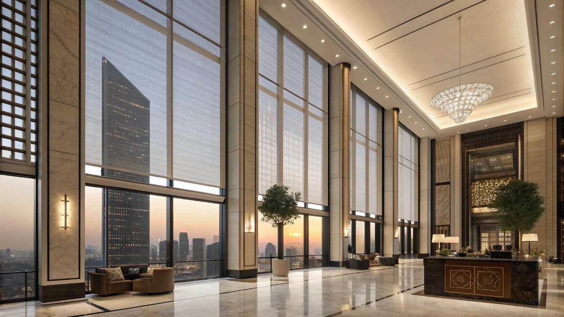 Large-scale motorized shades provide light control in a luxurious hotel lobby at sunset.