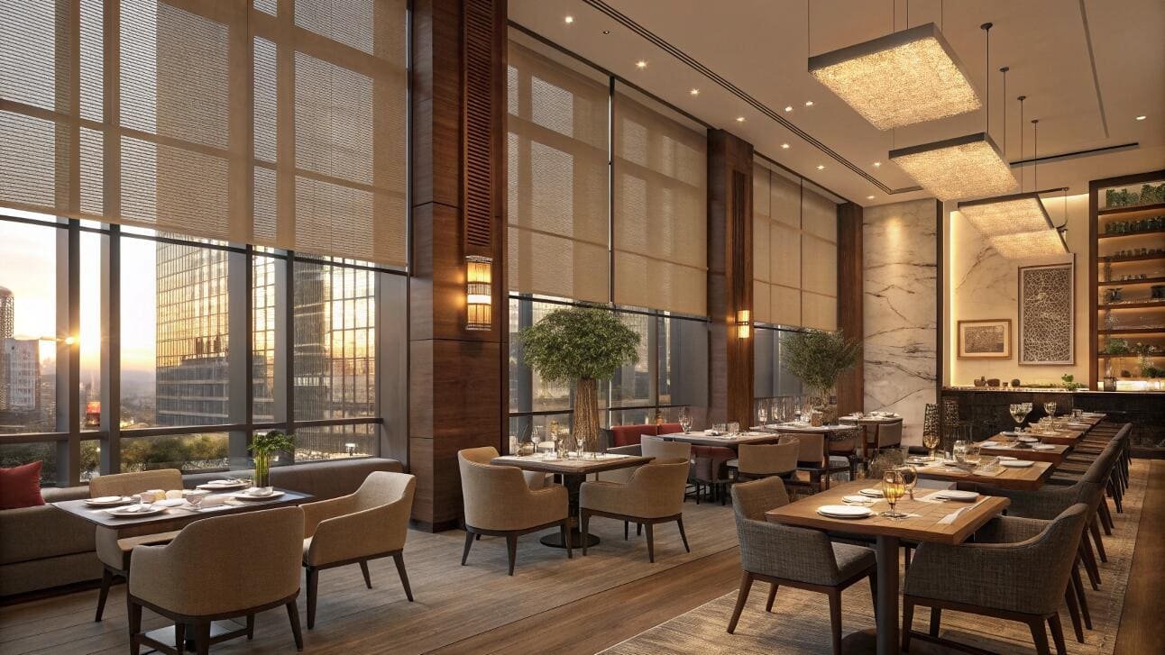 Motorized solar shades enhance the sophisticated ambiance of a luxury hotel restaurant.