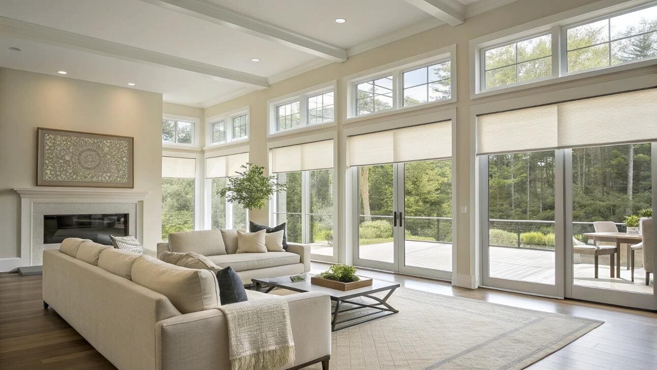 Light-filtering roller shades complement a bright, modern living room with large patio doors.