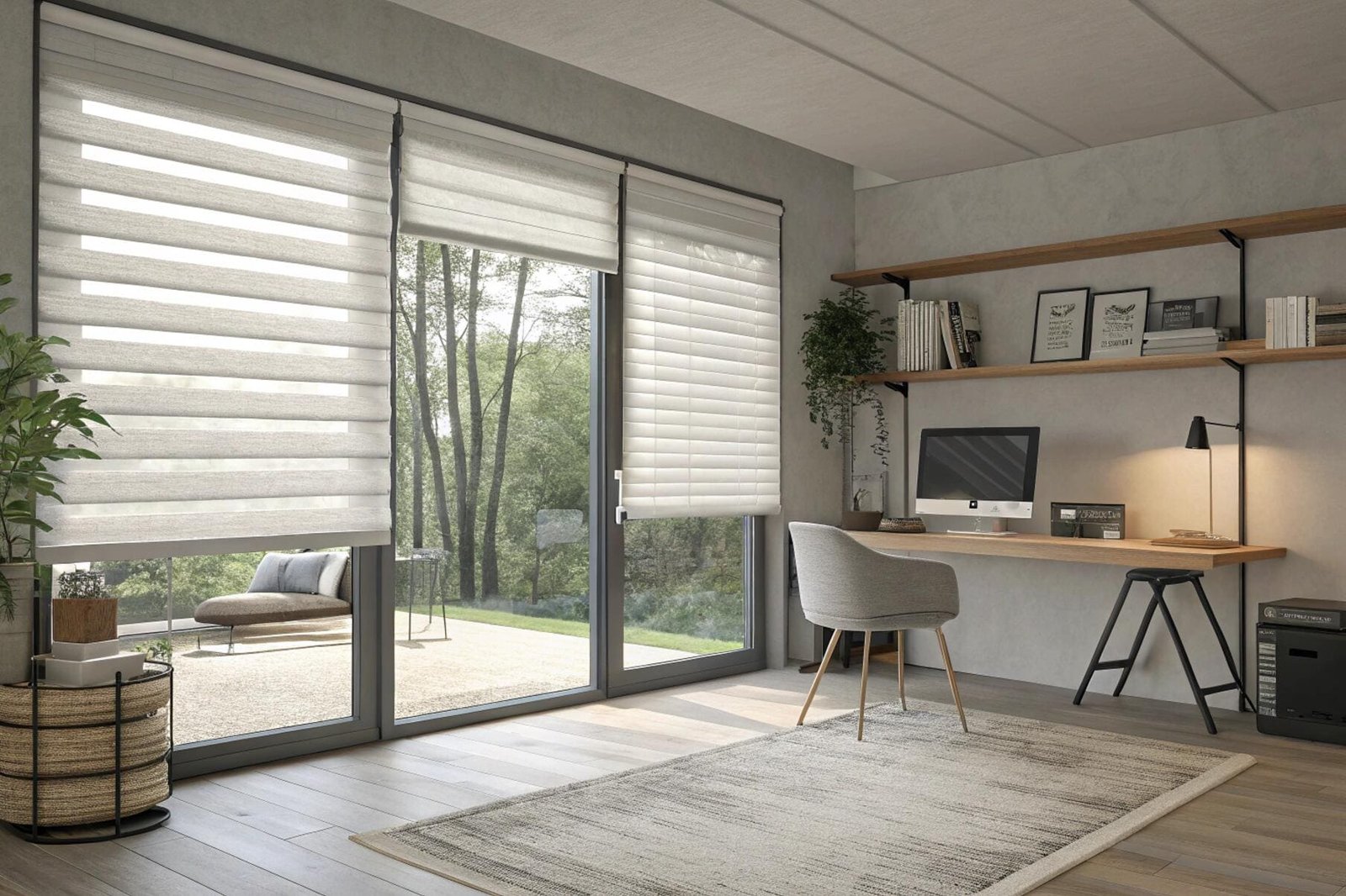 Modern home office overlooking garden, equipped with smart sheer blinds.
