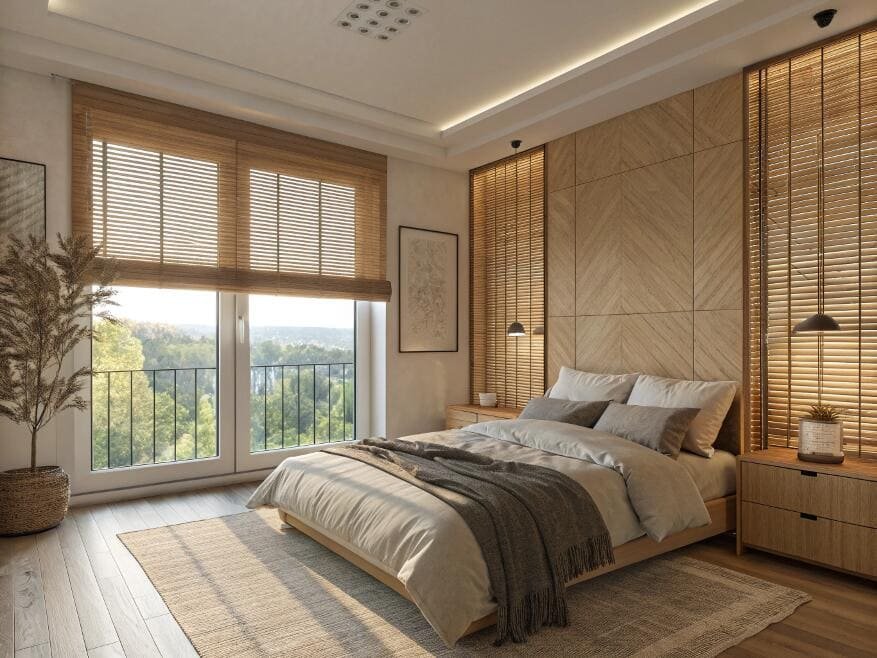 Natural wood venetian blinds complement a modern, wood-paneled bedroom with a balcony.