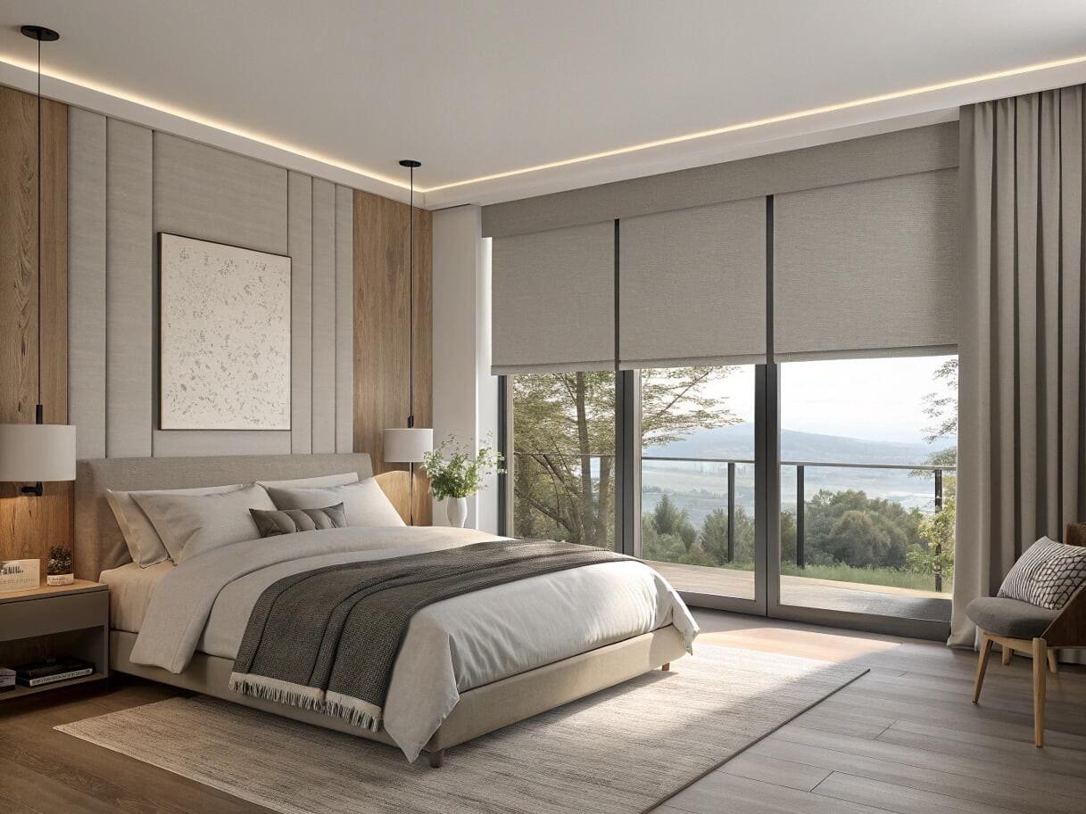Dual roller shades offer both blackout and light-filtering options in a modern bedroom.