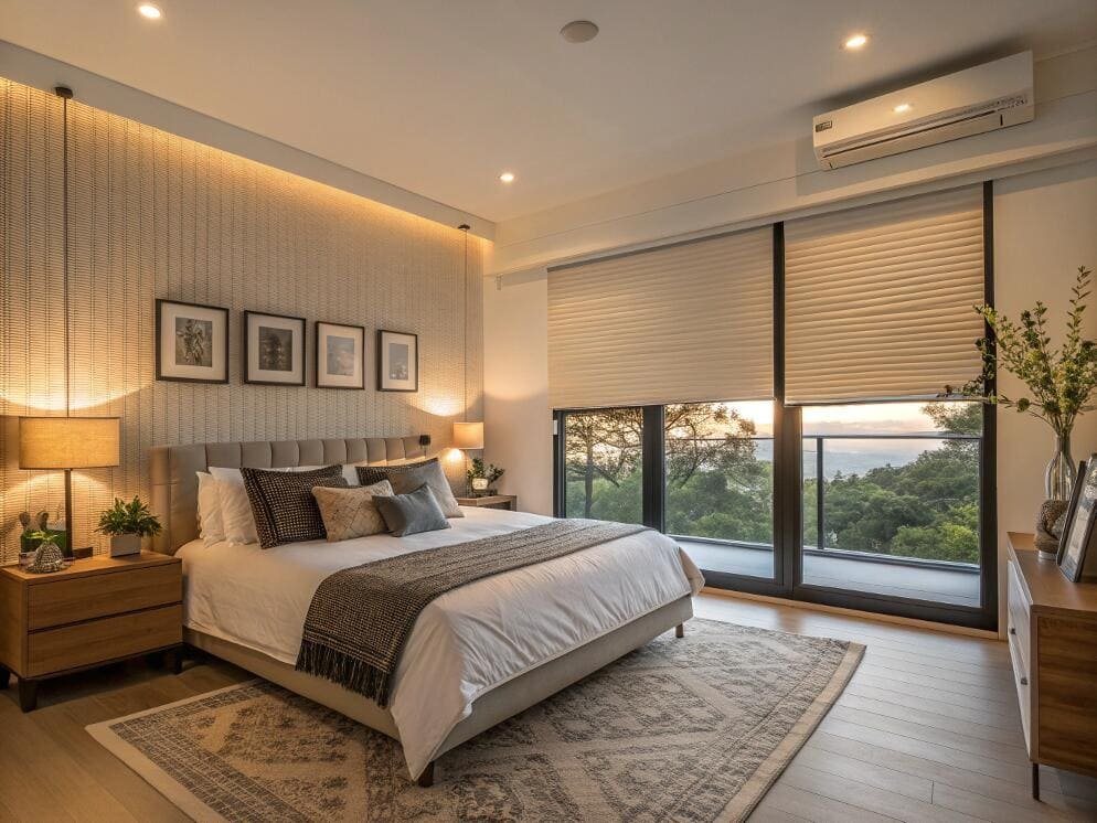 Light-filtering cellular shades provide privacy and style in a modern luxury bedroom.