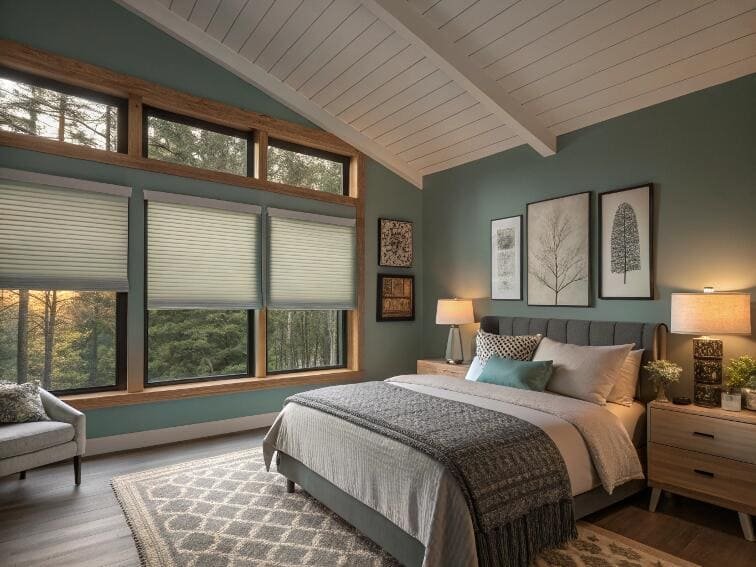 Top-down bottom-up cellular shades fit perfectly in a rustic bedroom with vaulted ceilings.