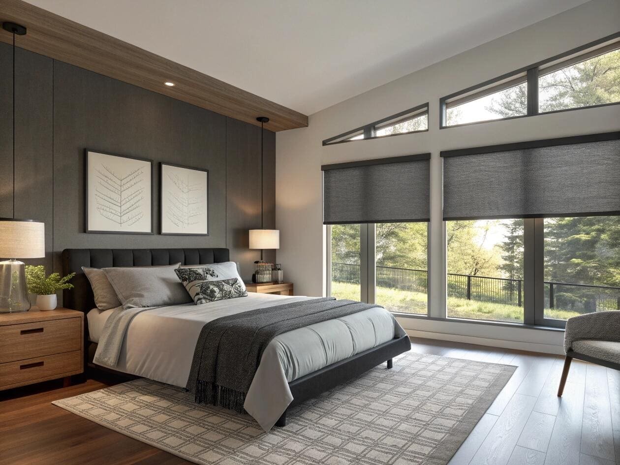 Blackout roller shades provide complete darkness for a contemporary master bedroom project.
