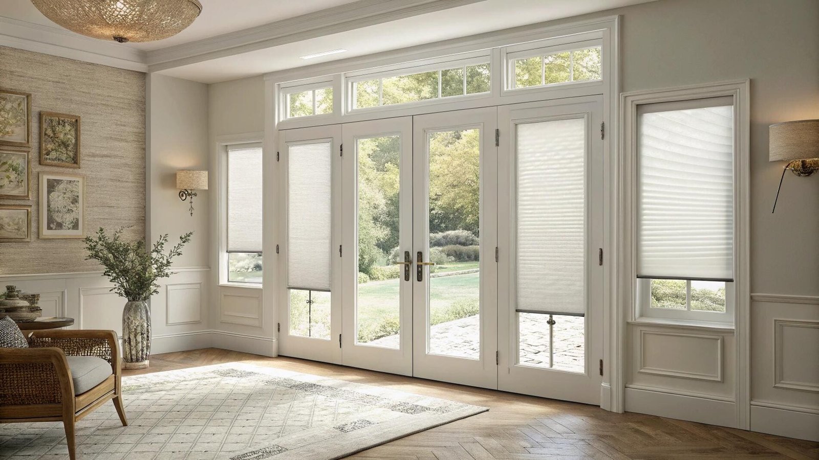 Top-down bottom-up cellular shades offer flexible light control for French patio doors.