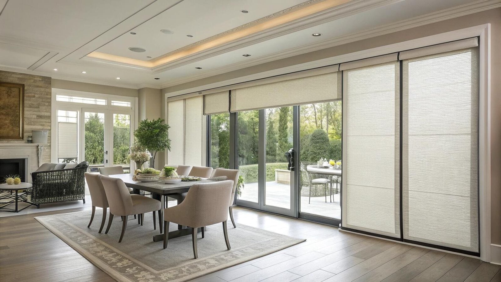 Energy-efficient vertical cellular shades cover sliding doors in an elegant dining room.