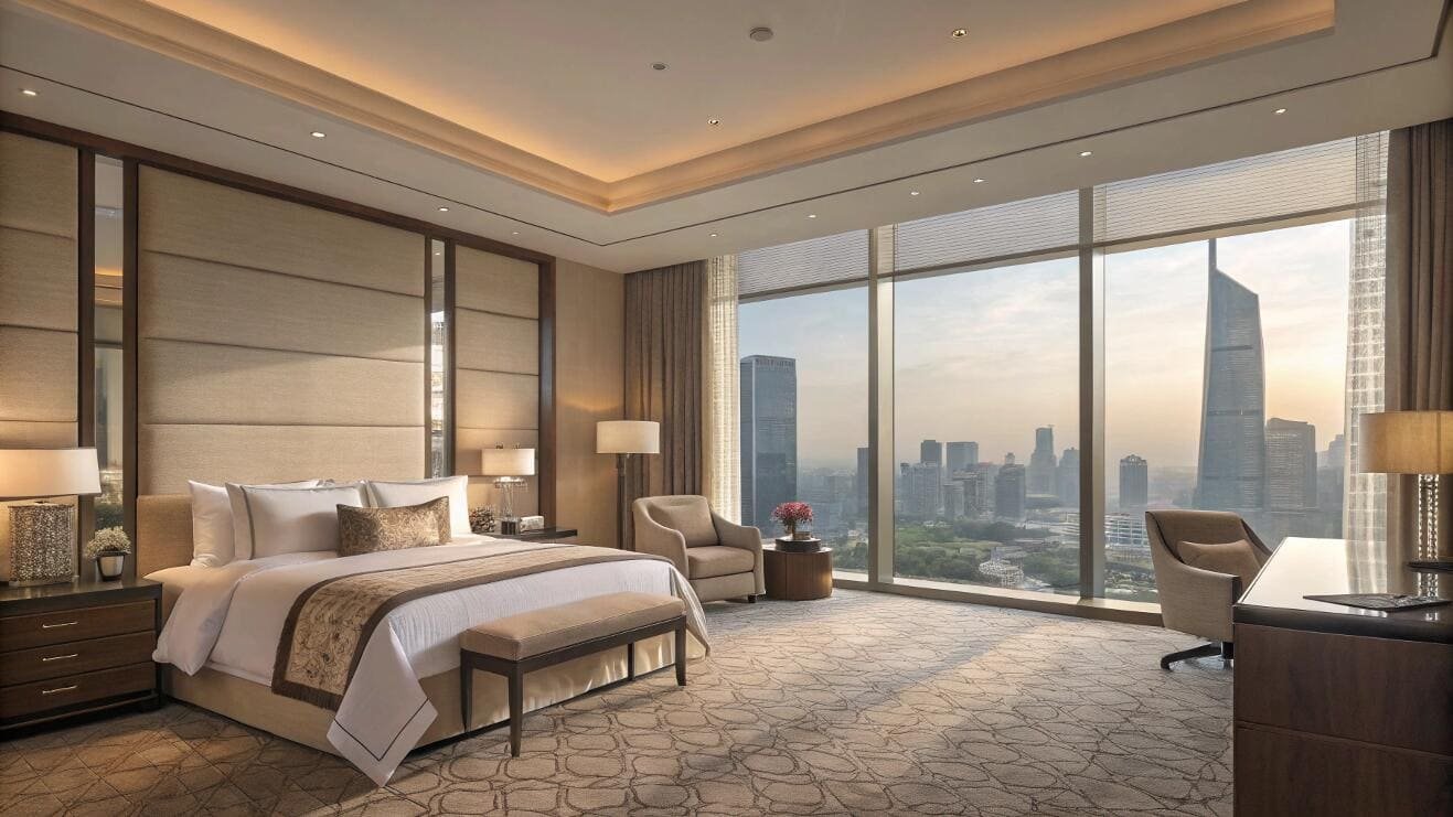 Motorized solar shades cover floor-to-ceiling windows in a luxury hotel suite.