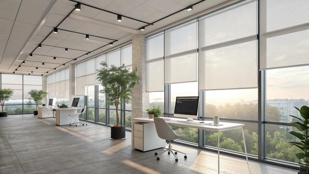 Light-filtering roller shades reduce glare in a modern open-plan office setting.