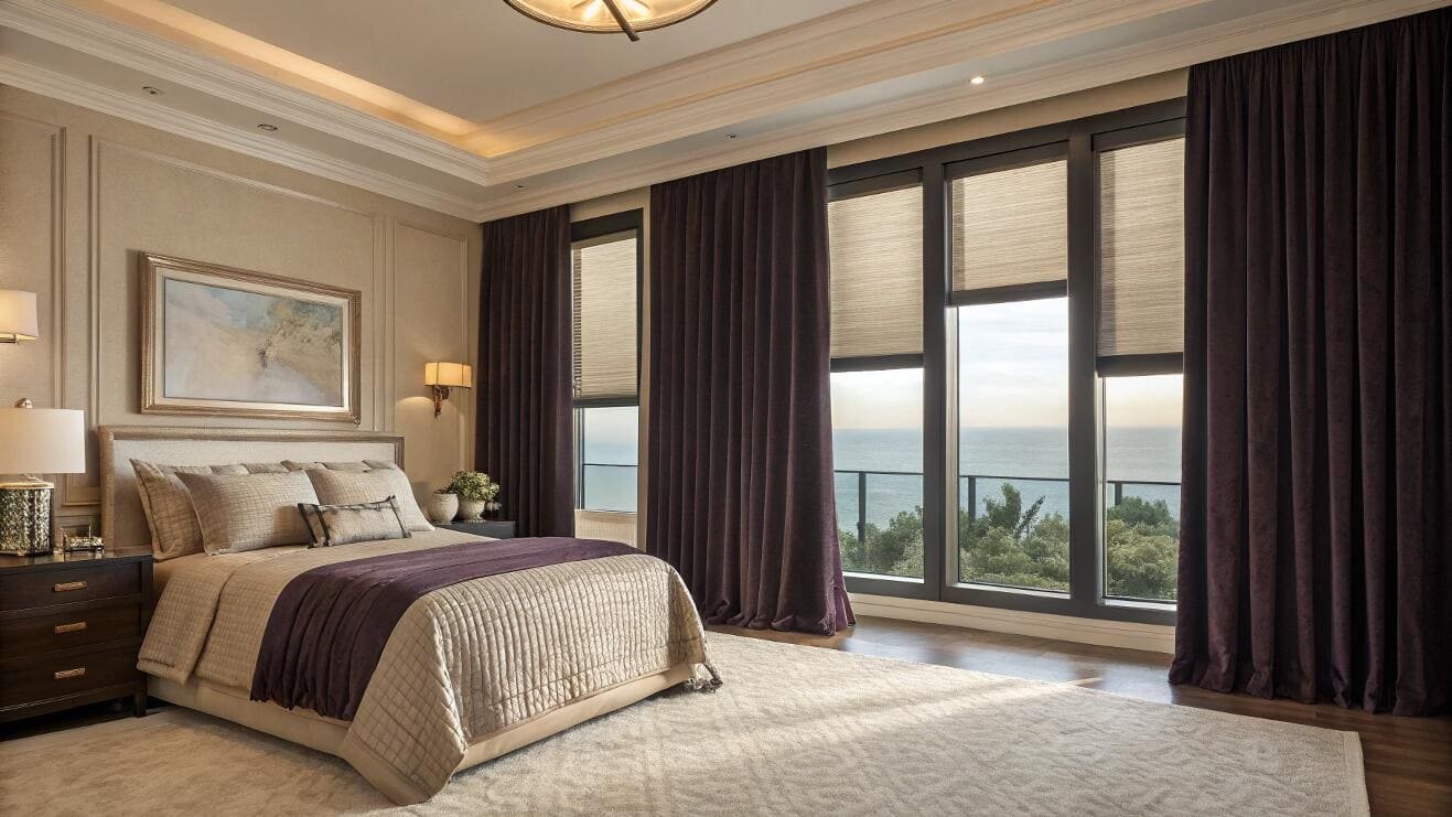 Cellular shades layered with blackout drapes offer total light control in a luxury bedroom.