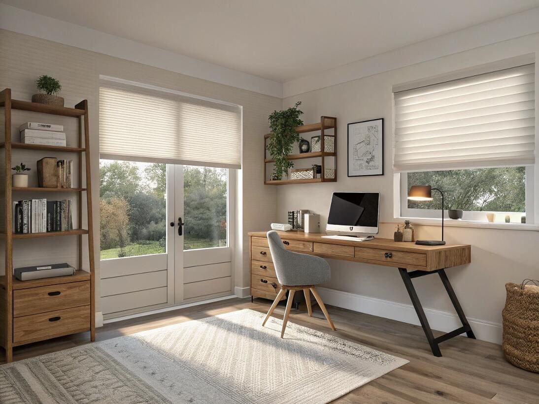 Sunny home office with natural light and energy-efficient pleated blinds.