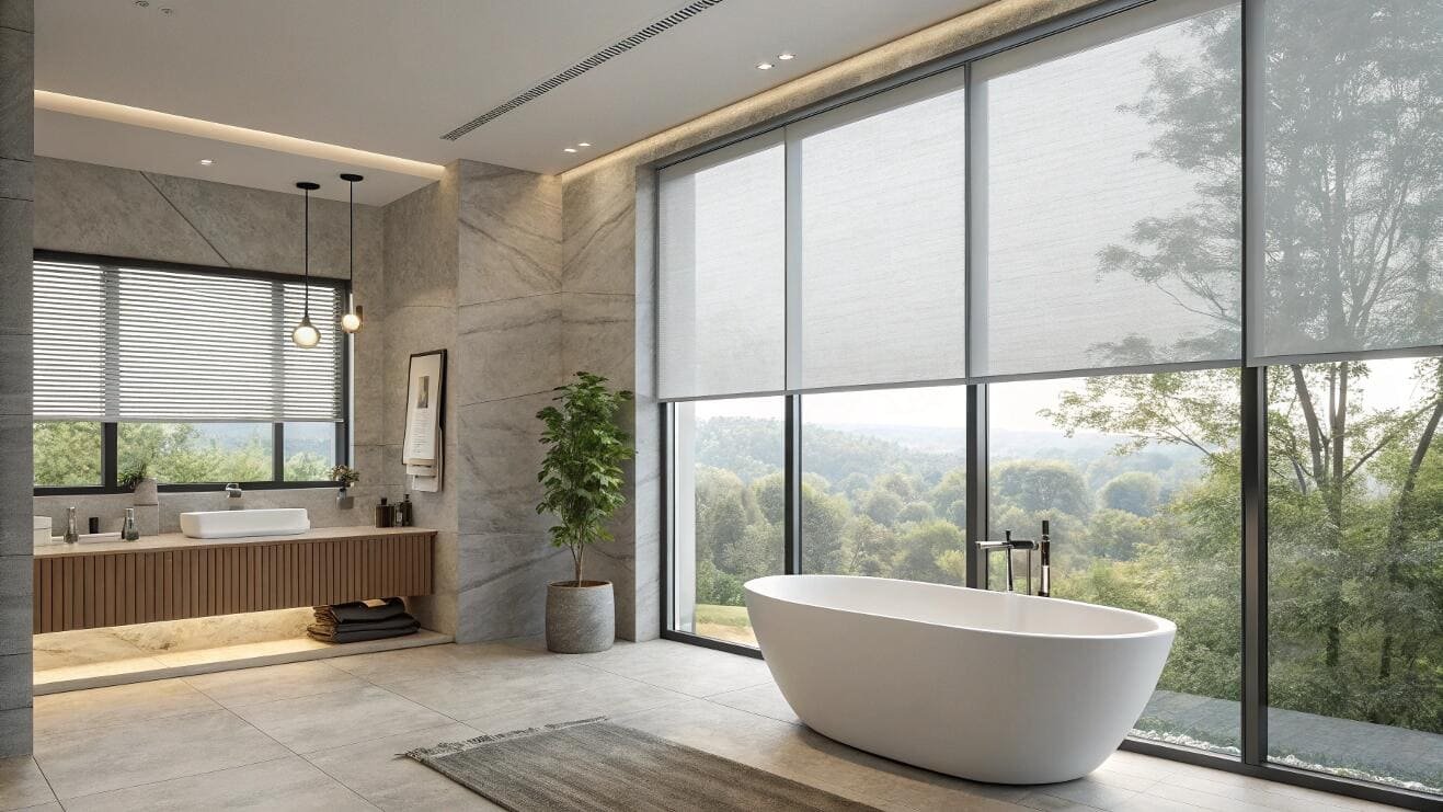 Light-filtering roller shades offer privacy in a modern bathroom with picture windows.
