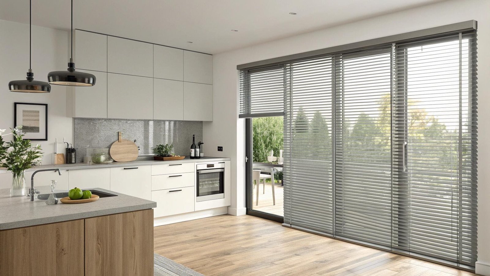 Sleek gray aluminum blinds offer a minimalist solution for modern kitchen sliding doors.