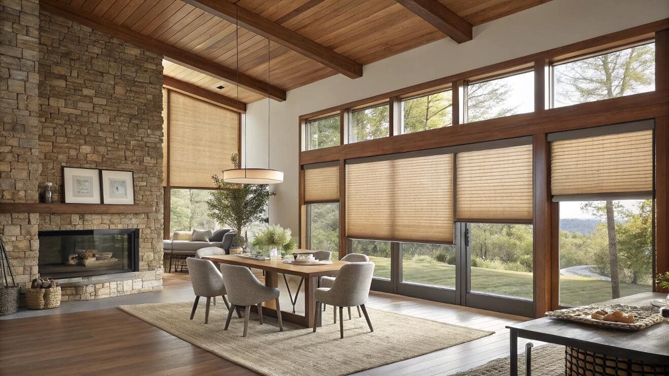 Energy-efficient cellular shades provide thermal insulation in a rustic great room with high ceilings.