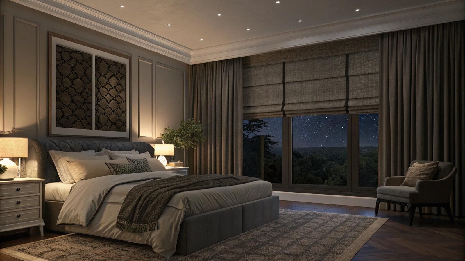 Blackout Roman shades layered with curtains create a dark, luxurious bedroom environment.