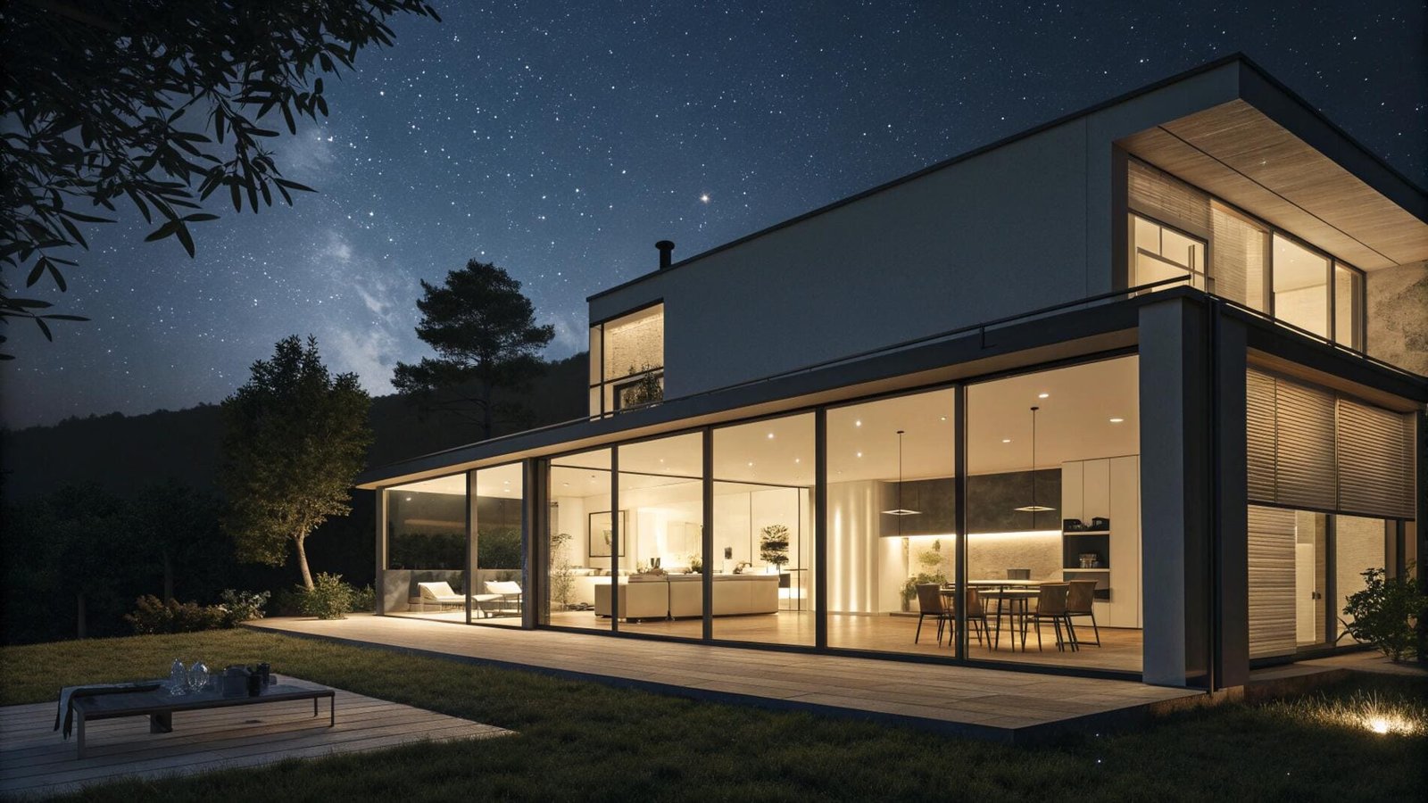 Automated smart blinds provide security and privacy for a modern home at night.