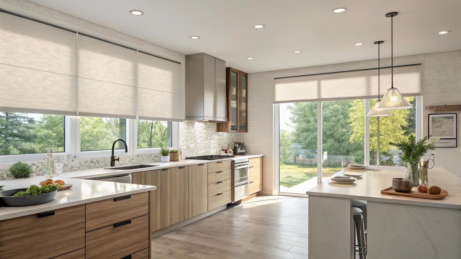 Light-filtering roller shades manage glare and UV in a contemporary open-plan kitchen.