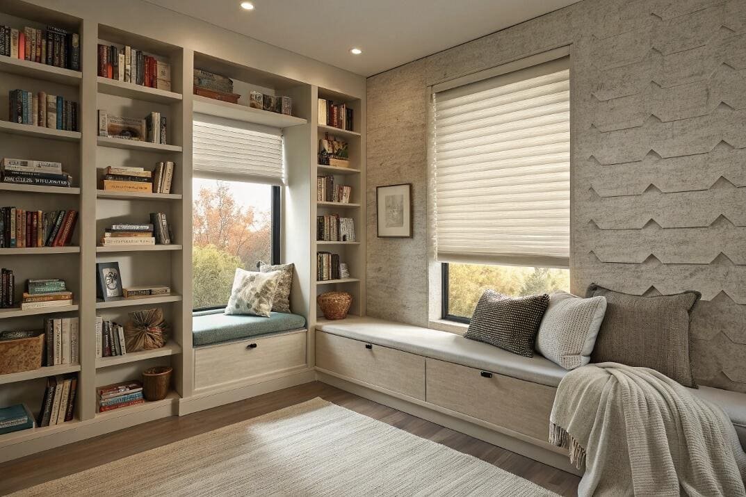 Insulating cellular shades manage light and add comfort to a cozy library reading nook.