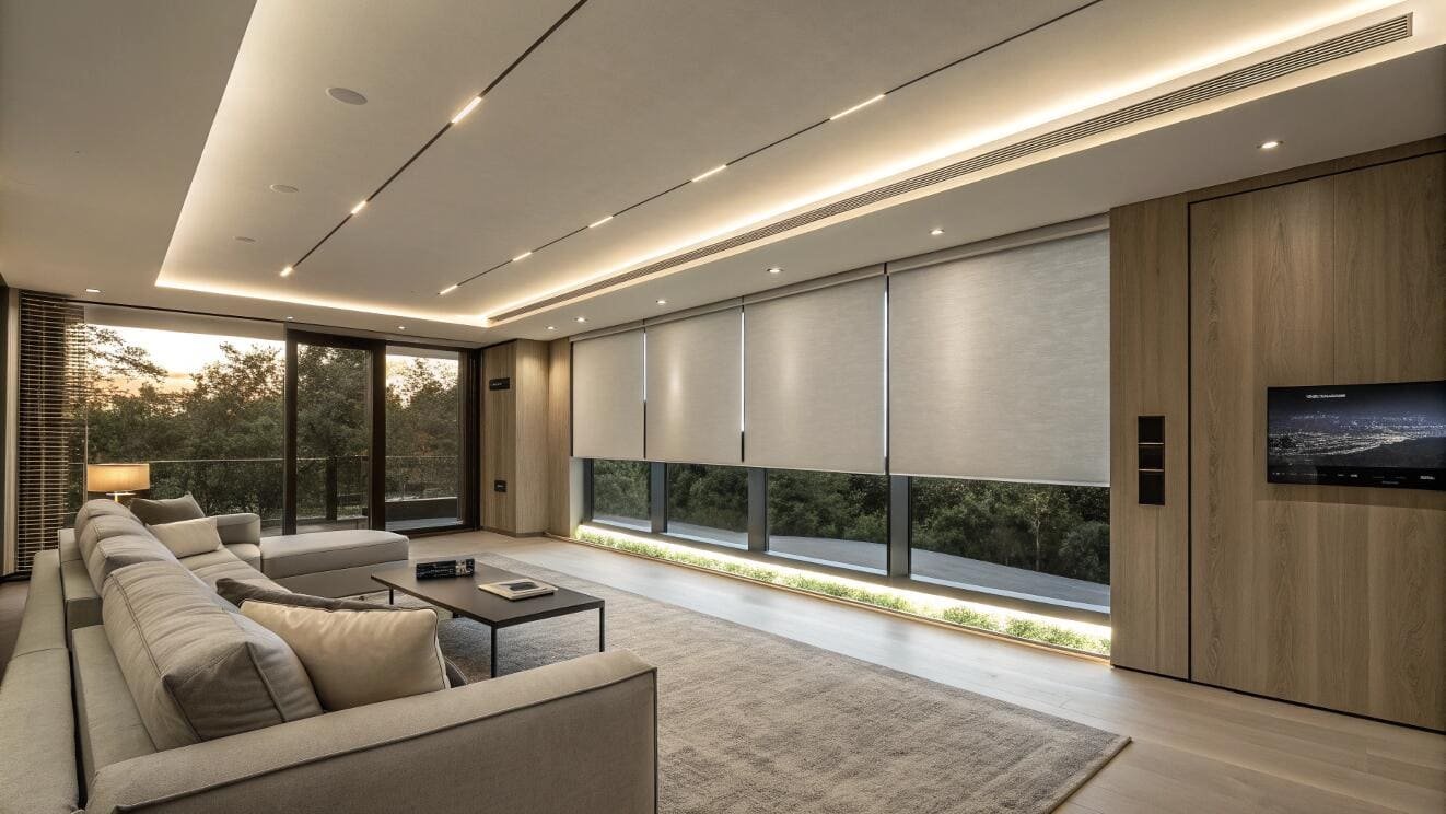 Automated roller shades provide [seamless light control](https://www.americanawningabc.com/blog/the-benefits-of-installing-roller-shades-for-light-control-and-privacy/)[^7] for large windows in a modern home.