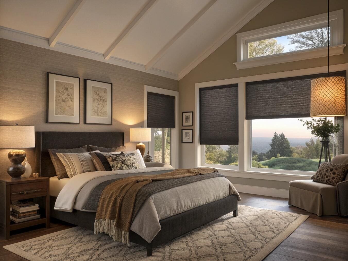 Master bedroom with dark roller shades for enhanced light control.