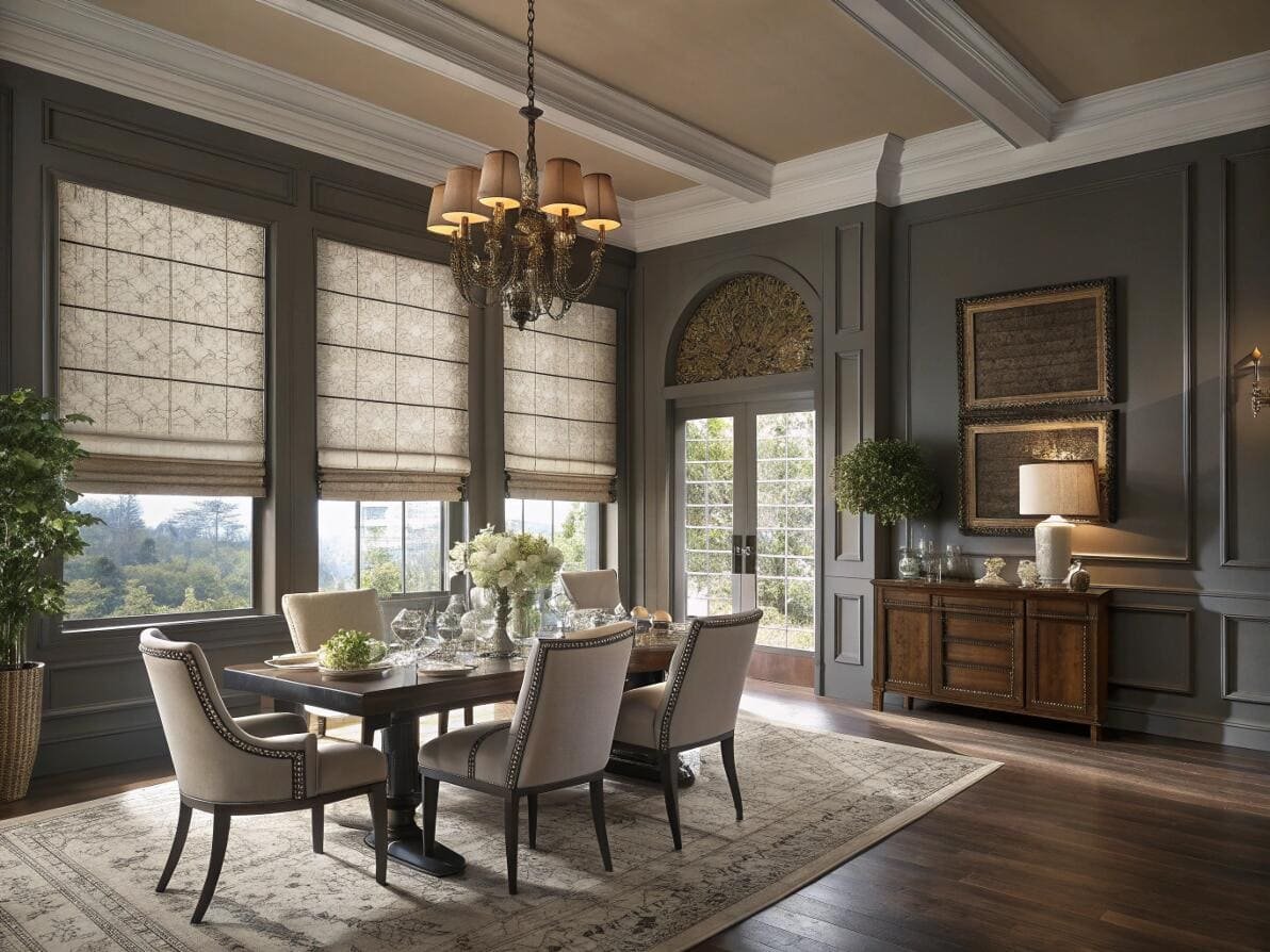 Formal dining room with large windows and decorative Roman shades.