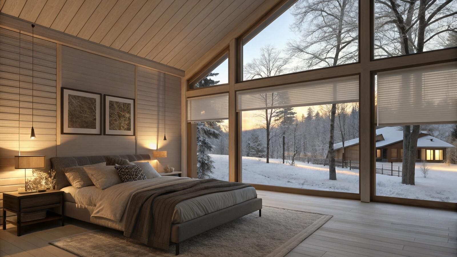 Cozy bedroom with snow-covered landscape view and light cellular shades.