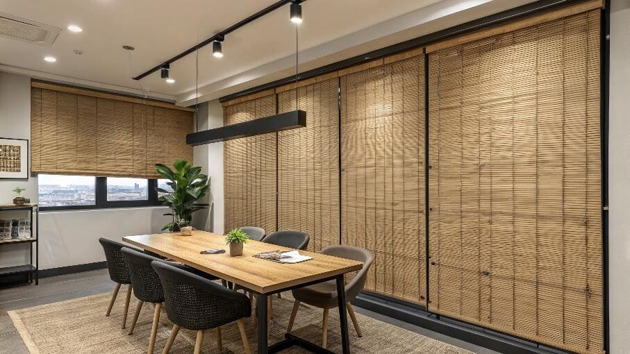 Modern office meeting room with natural woven panel shades for privacy.