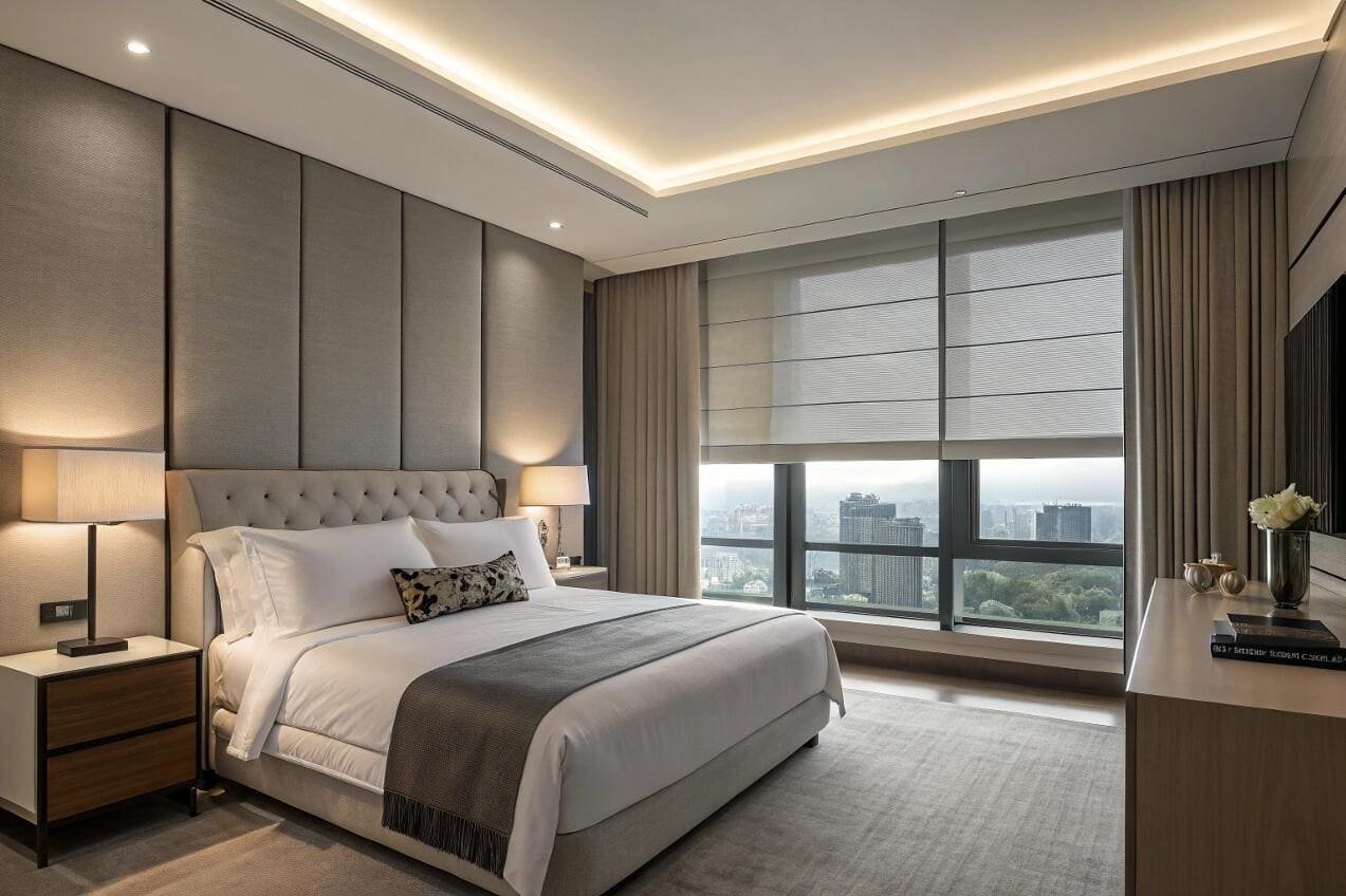 Luxurious bedroom with city views and elegant light filtering Roman shades.